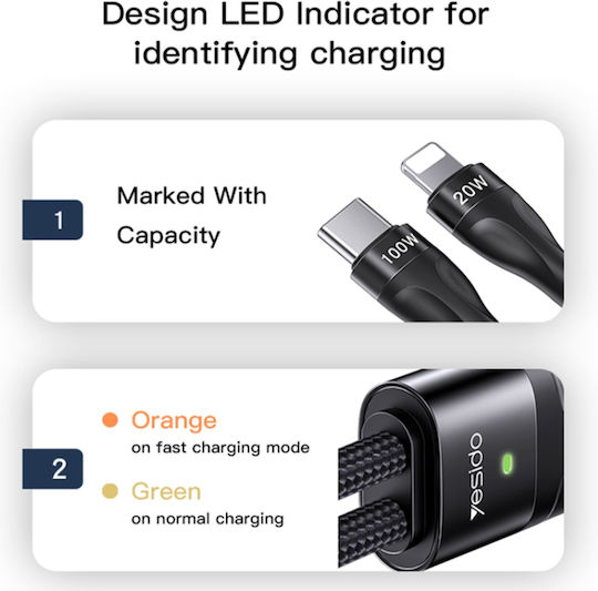 Yesido Geflochtenes USB-zu-Blitzschlag / Typ-C Kabel 3,5A Schwarz 1,4m 480Mbps