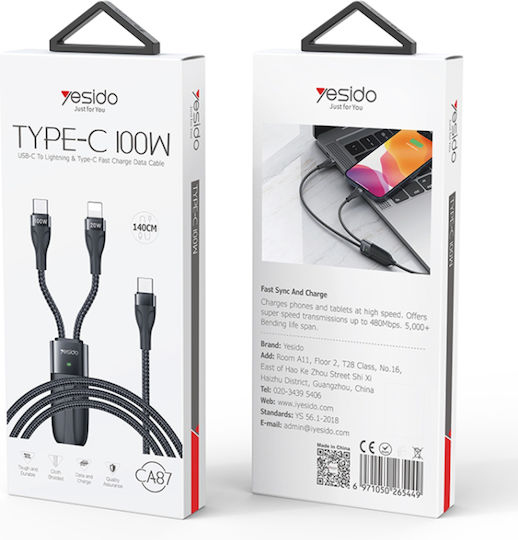 Yesido Geflochtenes USB-zu-Blitzschlag / Typ-C Kabel 3,5A Schwarz 1,4m 480Mbps