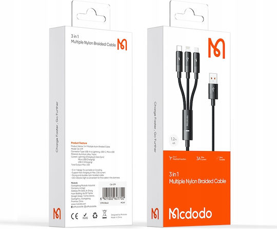 Mcdodo LED USB to Type-C / Lightning / micro USB Cable 3.5A Μαύρο 1.2m (CA-5790)