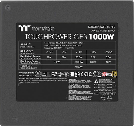 Thermaltake ToughPower GF3 1000W Черен Компютърно захранване Пълен модул 80 Plus Gold