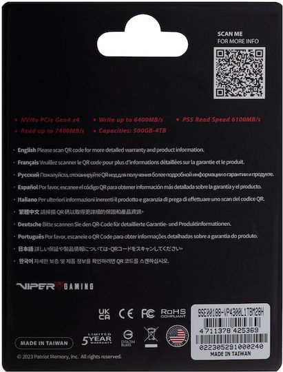 Patriot Viper P320 SSD 512GB M.2 Type with PCI Express 3.0 Connection P320P512GM28