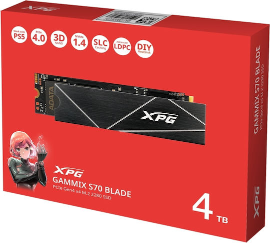 Adata XPG Gammix S70 Blade SSD 4TB M.2 Type with PCI Express 4.0 Connection and Heatsink PS5 Compatible AGAMMIXS70B-4T-CS
