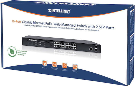 Intellinet 561198 Unverwaltet L2 PoE+ Switch mit 16 Ports Gigabit (1Gbps) Ethernet und 2 SFP Ports