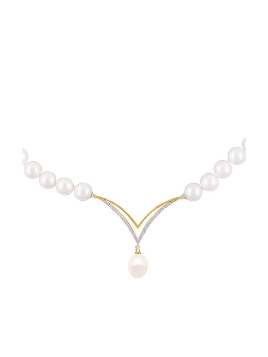 Necklace K14 Gold Clasp White Pearls Zircon F125529