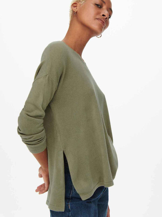 Only Amalia Women's Long Sleeve Sweater with V Neckline Light Khaki