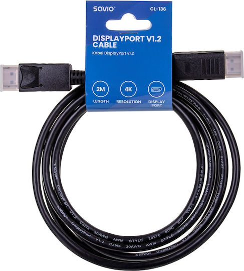 Savio Cable DisplayPort male - DisplayPort male 2m Μαύρο (CL-136)