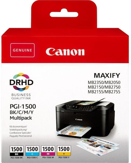 Canon PGI-1500 Γνήσιο Πακέτο 4 Μελανιών Εκτυπωτή InkJet Κίτρινο / Κυανό / Ματζέντα / Μαύρο (9218B006)