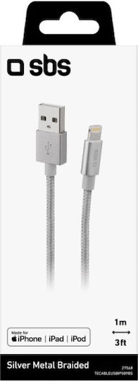SBS Braided USB to Lightning Cable Ασημί 1m (ABLEUSBIP589BS)