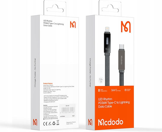 Mcdodo LED USB-C към Lightning кабел 36W Черен 1.2м (CA-4960)