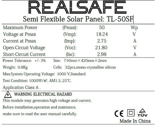 Tele TL-50SF Flexible Monocrystalline Solar Panel 50W 720x420x2mm