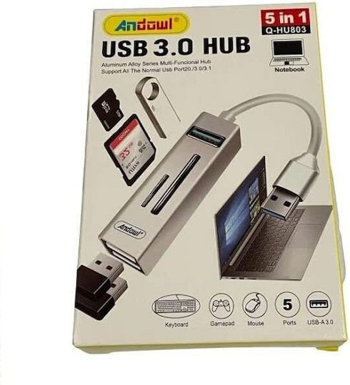Andowl USB Hub 3 Ports USB 3.0 with USB-A Connection Ethernet Silver