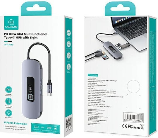 Usams USB Hub 6 Ports USB 3.0 with USB-C Connection Gray