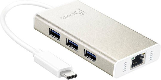 J5create Hub 4 Θυρών USB 3.1 με σύνδεση USB-C / Ethernet Λευκό