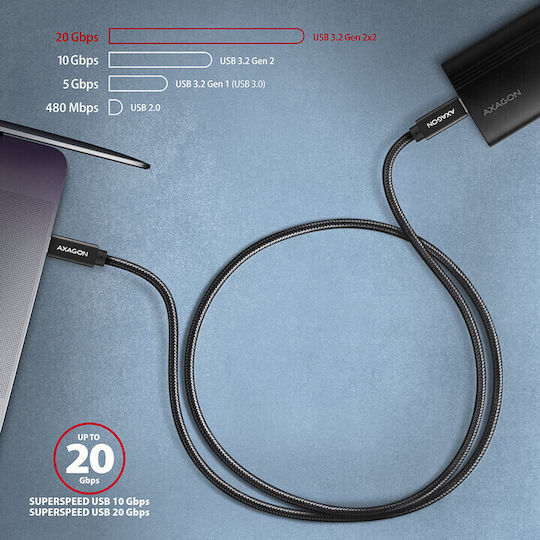 Axagon Braided USB 3.1 Video Cable USB-C Male - USB-C 100W PD Black 1m BUCM32-CM10AB