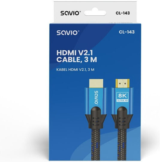 Savio HDMI 2.1 Ultra High Speed 48Gbps 4K 120Hz HDR VRR Braided Cable HDMI Male - HDMI Male 3m Blue