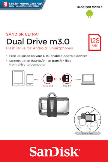 Sandisk Ultra Dual 128GB USB 3.0 Stick με σύνδεση USB-A & micro USB-B Γκρι