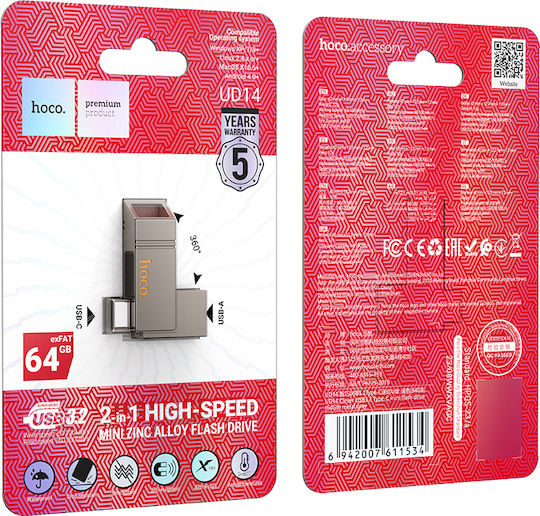 Hoco 64GB USB 2.0 Stick cu conexiune USB-A & USB-C Negru