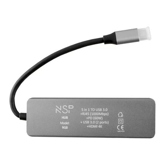 NSP N18 USB-C Докинг станция с HDMI 4K PD Етърнет Сив