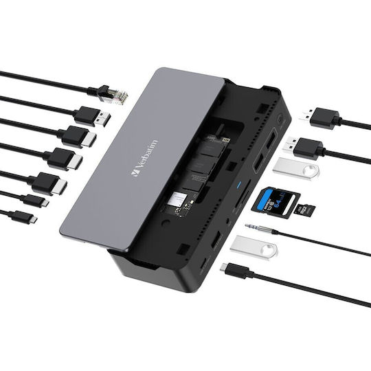 Verbatim Pro 15-in-1 USB-C Docking Station with HDMI/DisplayPort 4K PD Ethernet and Support for 2 Monitors Black