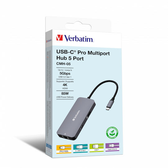 Verbatim USB-C Pro CMH-05 USB-C Docking Station mit HDMI 4K PD Ethernet Gray