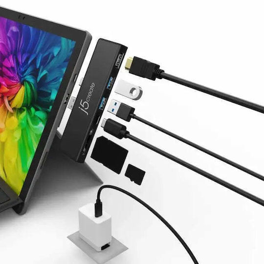 J5create ULTRADRIVEMINIDOCK for Surface Pro 7 USB-A / USB-C Docking Station με HDMI 4K PD Μαύρο