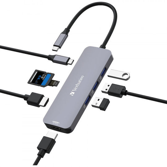Verbatim USB-C Pro CMH-08 USB-C Docking Station with HDMI 4K PD and Support for 2 Monitors Gray