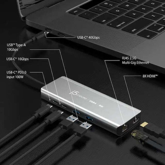J5create USB-C Docking Station με HDMI 4K PD Ethernet Ασημί (JCD403)