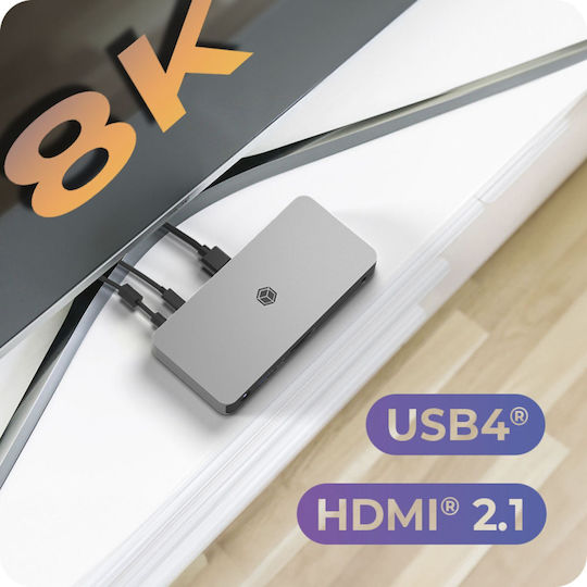 Icy Box IB-DK2880-C41 USB-C Docking Station με HDMI 4K PD Ethernet και σύνδεση 2 Οθονών Γκρι