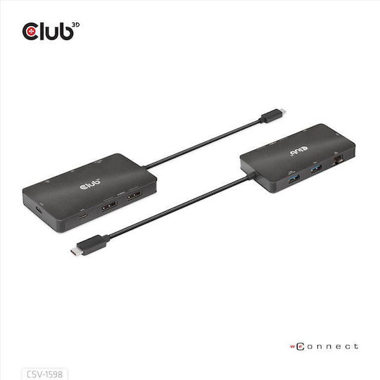Club3D USB-C Docking Station με DisplayPort 4K PD Ethernet και συνδεση 2 Οθονών Μαύρο (CSV-1598)