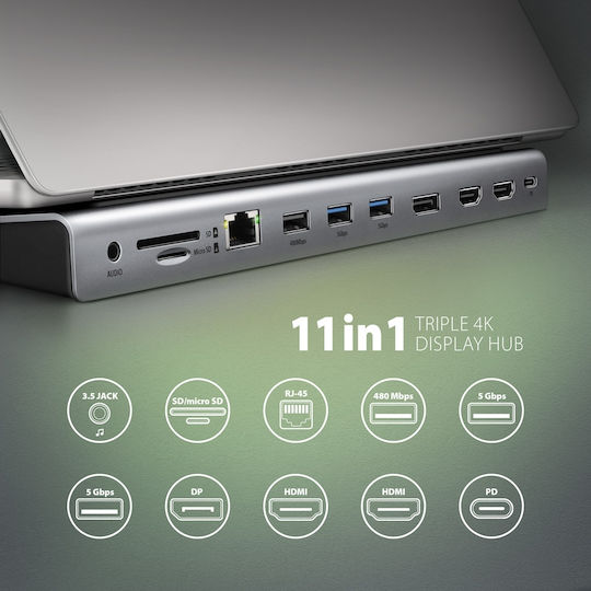 Axagon USB-C Docking Station mit HDMI/DisplayPort 4K PD Ethernet und Verbindung 3 Monitore Gray (HMC-4KX3)