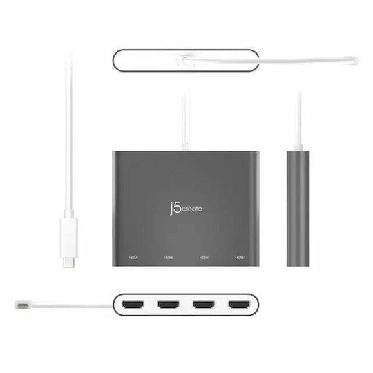 J5 Create USB-C Docking Station με HDMI 4K PD και σύνδεση 4 Οθονών Γκρι (JCA366-N)