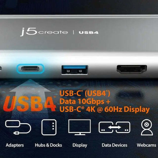 J5create USB-C Docking Station με HDMI/DisplayPort 4K PD και σύνδεση 2 Οθονών Ασημί (JCD401)