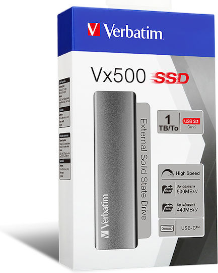 Verbatim Vx500 USB 3.1 / USB-C / USB 3.0 / USB 3.2 External M.2 SSD 1TB Silver