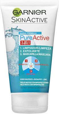 Garnier Gel Καθαρισμού Pure Active 3 in 1 για Λιπαρές Επιδερμίδες 150ml