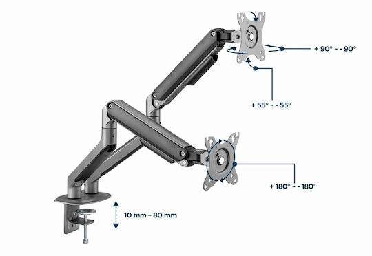 Gembird Stand Desk Mounted for 2 Monitors up to 32" with Arm Gray (MA-DA2-05)