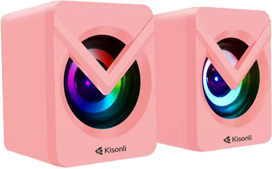 Kisonli L-1040 Ηχεία Υπολογιστή 2.0 με RGB Φωτισμό και Ισχύ 2.5W σε Ροζ Χρώμα