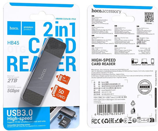 Hoco Card Reader 2in1 Usb A + Type C 3.0 Metal Gray