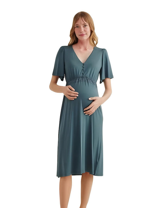 Monamise Short Nightgown for Maternity Hospital & Breastfeeding Green