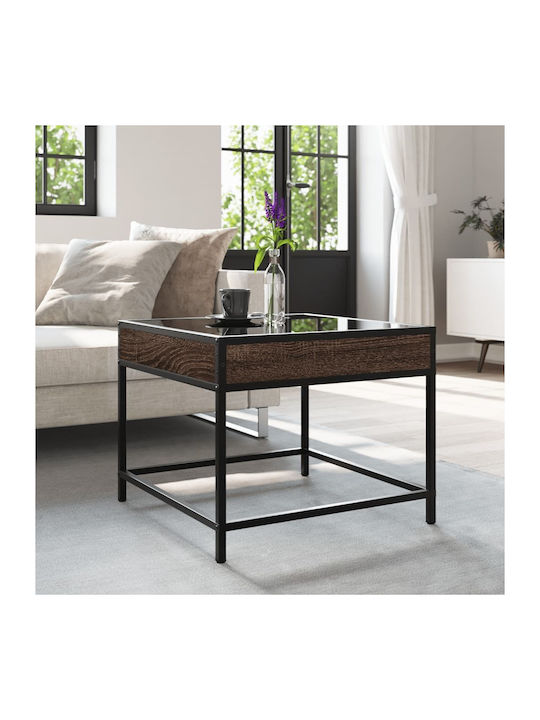 Square Side Table Glass Brown Oak M50xL50xH41cm
