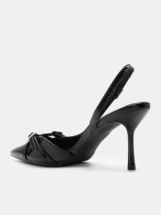 Synthetic Leather Pointed Toe Black High Heels with Strap