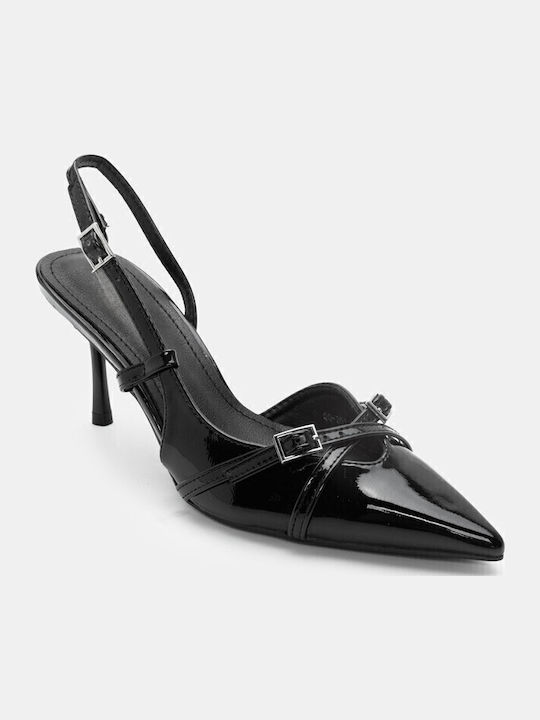Synthetic Leather Pointed Toe Black High Heels with Strap