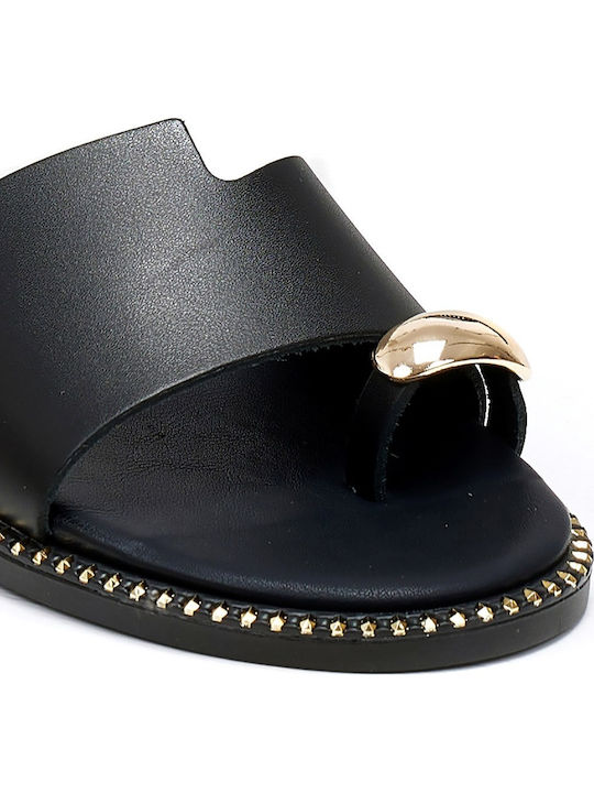 Leather Women's Flat Sandals in Black Color