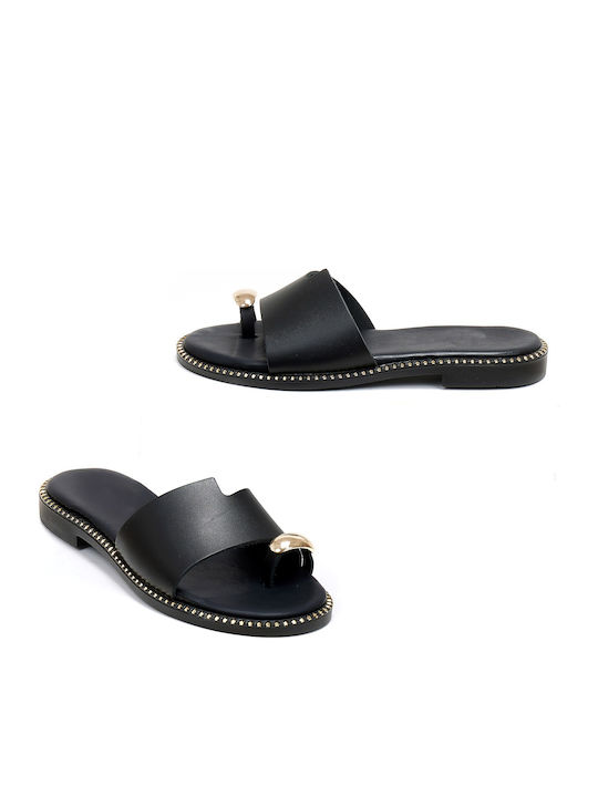 Leather Women's Flat Sandals in Black Color