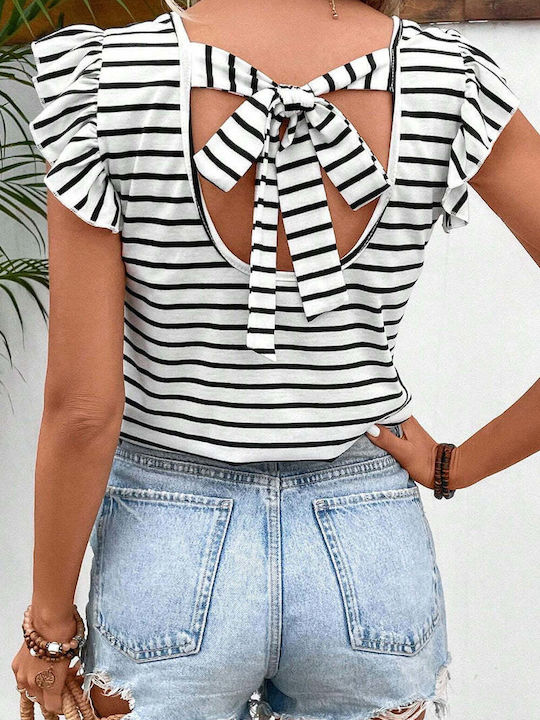 Amely Women's Blouse Short Sleeve with V Neckline Striped White