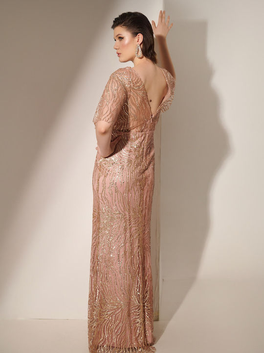 Maxi Βραδινό Φόρεμα με Διαφάνεια Gold Pink