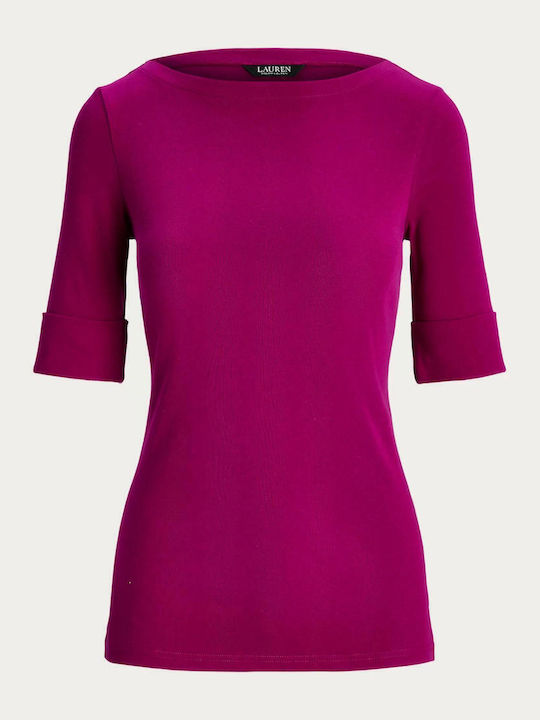 Women's Blouse Cotton Short Sleeve with Boat Neckline Fuchsia
