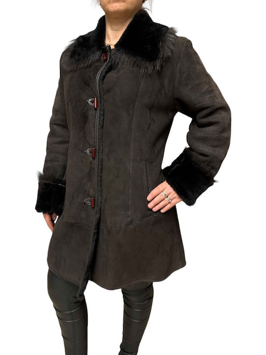 Mouton Women's Brown Coat with Fur Details
