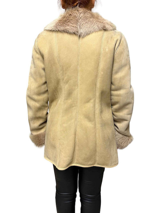Mouton Damen beige Mantel mit Fellbesatz