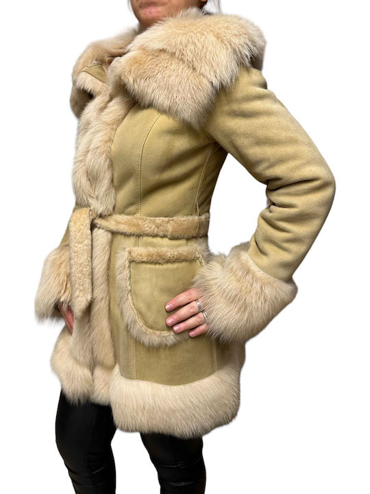Mouton Women's Beige Coat with Fur Details