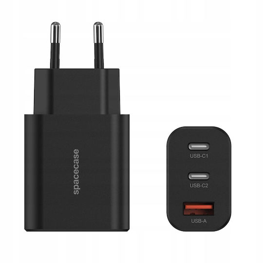 Spacecase Зарядно без кабел с USB-A порт и 2 USB-C порта 30W Черен (SC003B)